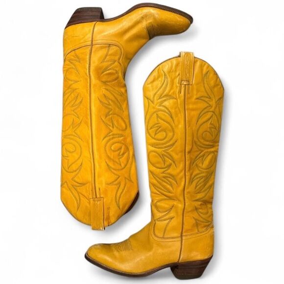 Tony Mora Cowboy Boots Yellow Tall Western Wmns Size 8.5 Stitched Leather 6400 5 - Picture 4 of 12